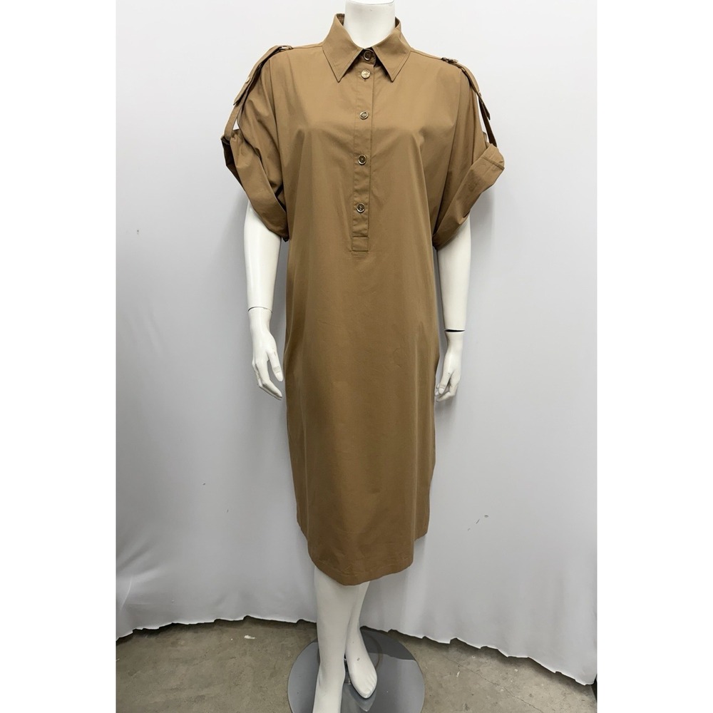 Vintage Salvatore Ferragamo Shirt Dress Camel Brown Gancini Epaullettes Size 46